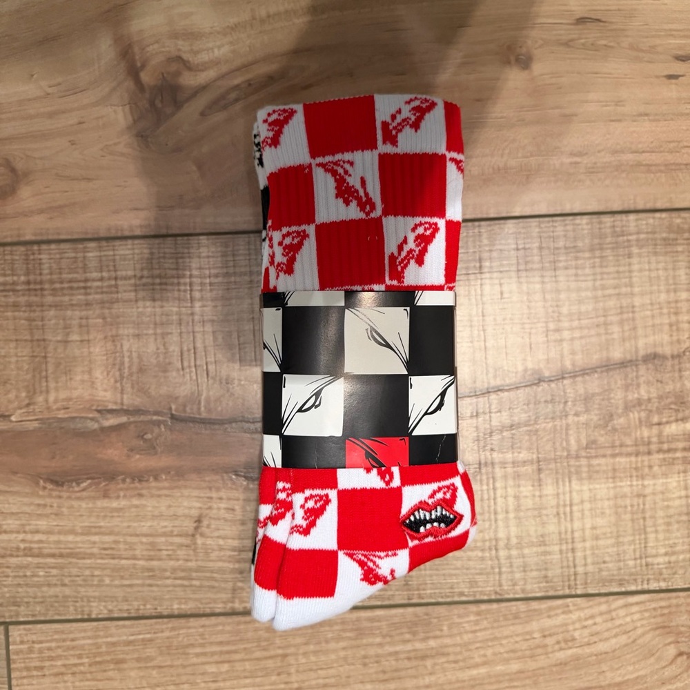 Chrome Hearts Red and White Checkerboard Crew Socks